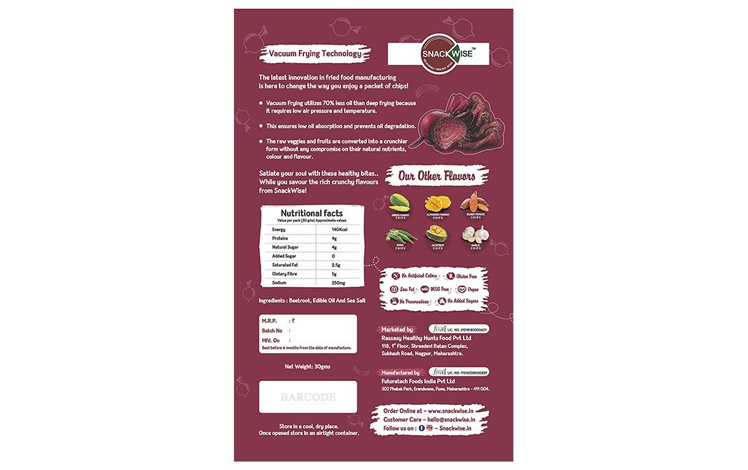 Snack Wise Beetroot Chips 100% Veggie Vacuum Fried   Pack  30 grams